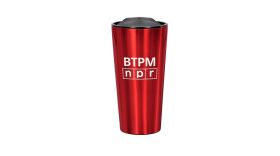 red travel coffee mug with a white BTPM NPR logo against a white background