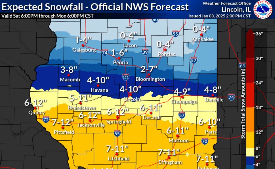 A look at snowfall estimates for Central Illinois, as of 2 p.m. Friday.