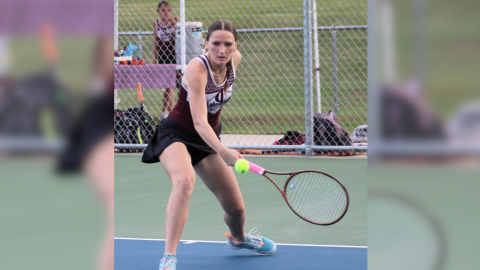 Crosby-Ironton senior Tori Oerhlein takes a swing in a 2025 tennis match.