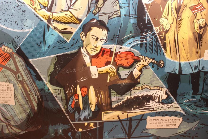  A graphic novel mural greets visitors entering the Holocaust & Humanity Center. It introduces visitors to the characters they'll meet throughout the museum.