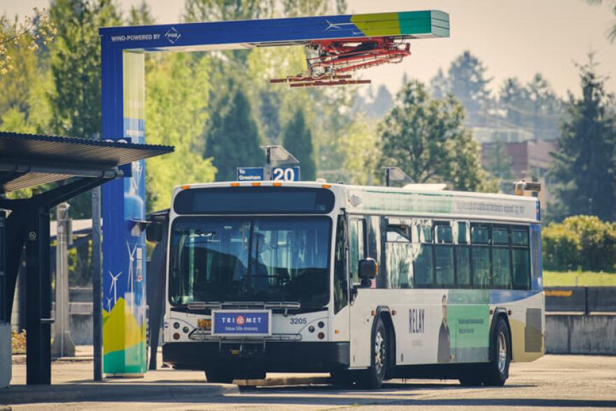 The Portland-area transit authority is testing several electric bus designs as it works to eliminate diesel buses from its 700-plus bus fleet by 2040. But as TriMet works through software glitches and charging failures afflicting battery buses, diesel buses such as this one still ply its routes.