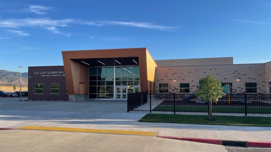 Exterior shot of Oak Leaf Elementary, a new school in the Jordan School District.