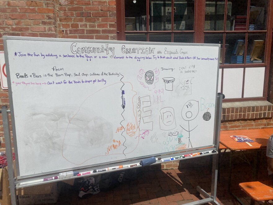 Youth from the community added drums, stick figures, and a few words to a collective poem at the Beats n Bars Community Creation Station.