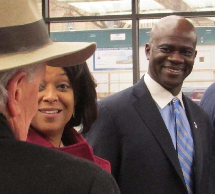 MDOT Director Paul Ajegba (right) talks with people before a Senate Advice and Consent committee meeting. (File photo)