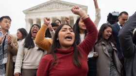DACA (Deferred Action for Childhood Arrivals) plaintiffs come out of court as immigration rights activists hold a rally in front of the US Supreme Court on November 12, 2019, following arguments about ending the Obama-era program.