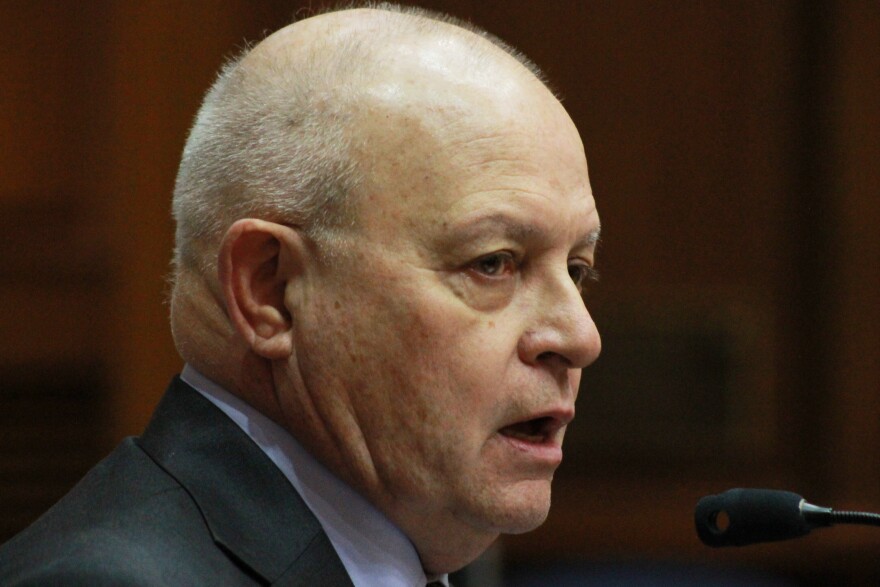 Rep. Doug Miller (R-Elkhart) speaks about his housing infrastructure loan bill on the House floor on Tuesday.