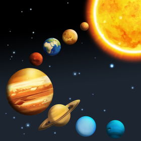 An illustration of the sun and its eight orbiting planets.