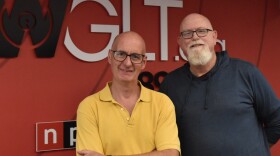 Professor Greg Shaw of Illinois Wesleyan University, left, and professor Lane Crothers of Illinois State University, right, at WGLT's studio in Normal