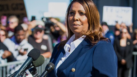 New York Attorney General, Letitia James, speaks after pleading not guilty outside the United States District Court on Friday, Oct. 24, 2025, in Norfolk, Va. (AP Photo/John Clark)
