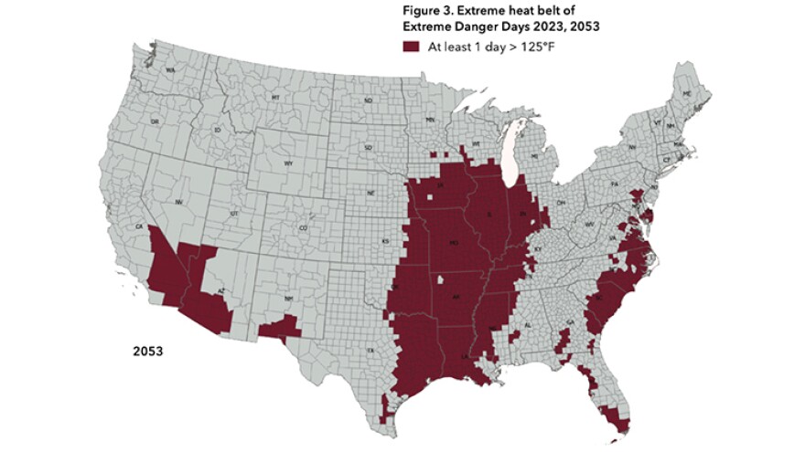 A map of counties that are expected to experience at least one day a year where the temperature feels like 125 degrees or hotter.