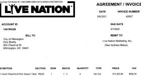 Invoice from Live Nation for season tickets at a reserved table at the Riverfront Park Amphitheater (a.k.a. the Live Nation Pavilion, formerly the North Waterfront Park).