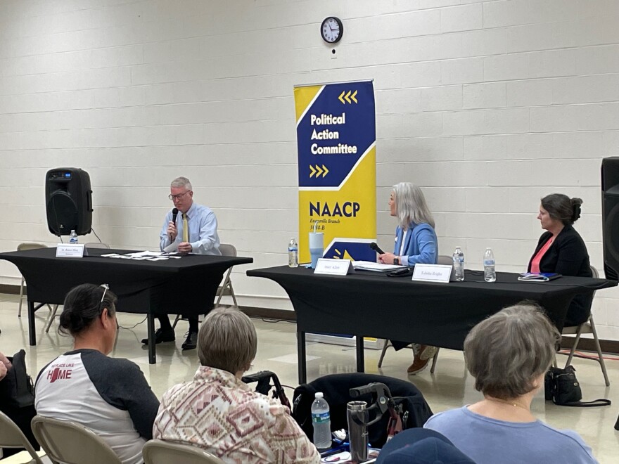 Moderator Robert Dion of the University of Evansville asks questions of congressional candidates Mary Allen and Tabitha Zeigler at the CK Newsome Center, April 11, 2026