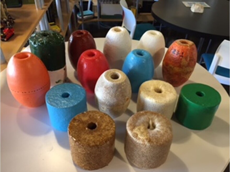 An array of buoys made with mycelium, the thread-like fungal root network that sprouts mushrooms. Researchers have been testing out different types of coatings to make totally plastic-free buoys.