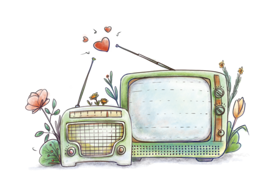 Illustration of a radio and tv next to each other surrounded by flowers and a heart between their antennas