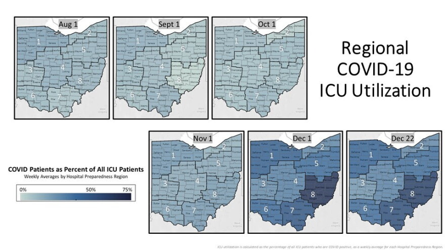 The second new map by Ohio Department of Health will track the percent of COVID ICU patients out of all ICU patients per region and also track hospital preparedness averages per region.