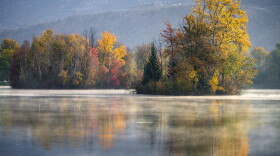 Yellow and orange trees over a lake