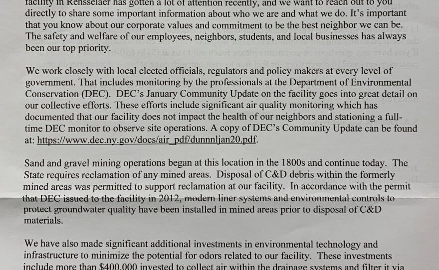 A letter sent to Rensselaer residents from the Dunn landfill, part 1 (photo cropped for visibility)