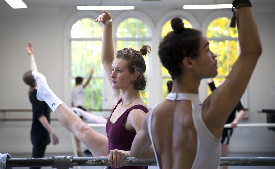 Maeve Haselton, 21, left, and Phenix Laughlin, 20, dance during Lodi McClellan's advanced ballet class on Thursday, October 26, 2017, at Kerry Hall in Seattle. 