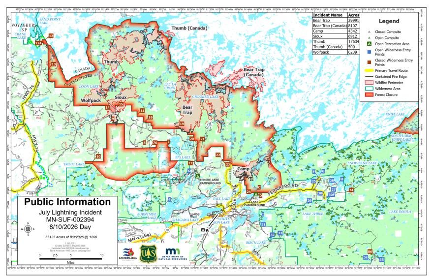 An Aug. 10, 2026, map of the wildfires in Superior National Forest shows area closures and openings.