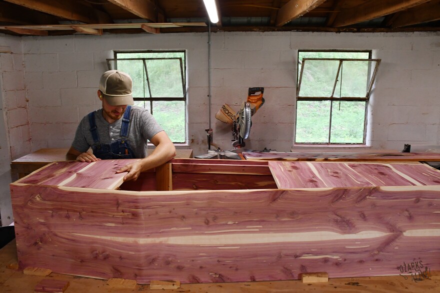 John Meyer builds coffins at his home near Seymour, Missouri.