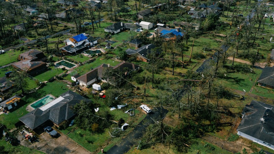 An aerial view of Lake Charles, La., shows damage to houses last week after Hurricane Laura, one of the most powerful storms ever to hit Louisiana, tore through the area.