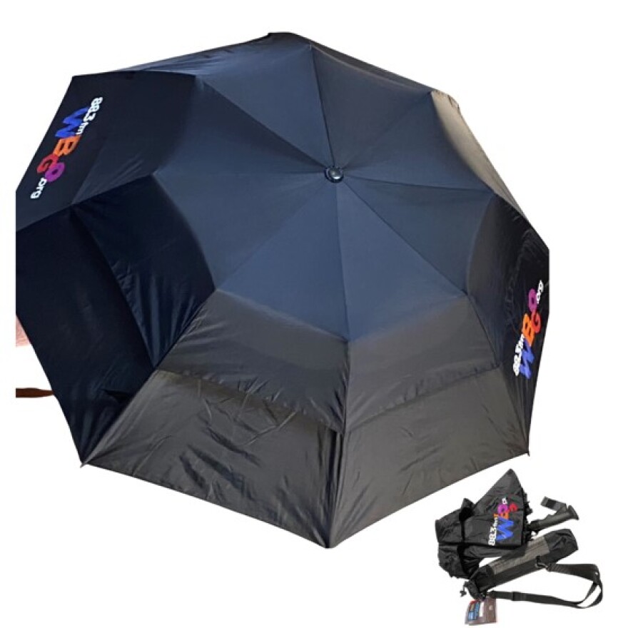 WBGO Golf Umbrella This folding umbrella has the WBGO logo on two sides with a 58- inch arc. It is auto open and its mesh case comes with a shoulder strap. Features include double fiberglass construction and an anti slip rubberized handle. Member Cost $40 Non-Member Cost $50