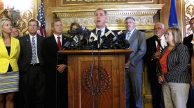 Wisconsin state Assembly Speaker Robin Vos joins with fellow Republicans to defend a $3 billion tax break package for electronics giant Foxconn Technology Group that the Assembly was set to pass on Thursday, Aug. 17, 2017, in Madison, Wis. (Scott Bauer/AP)