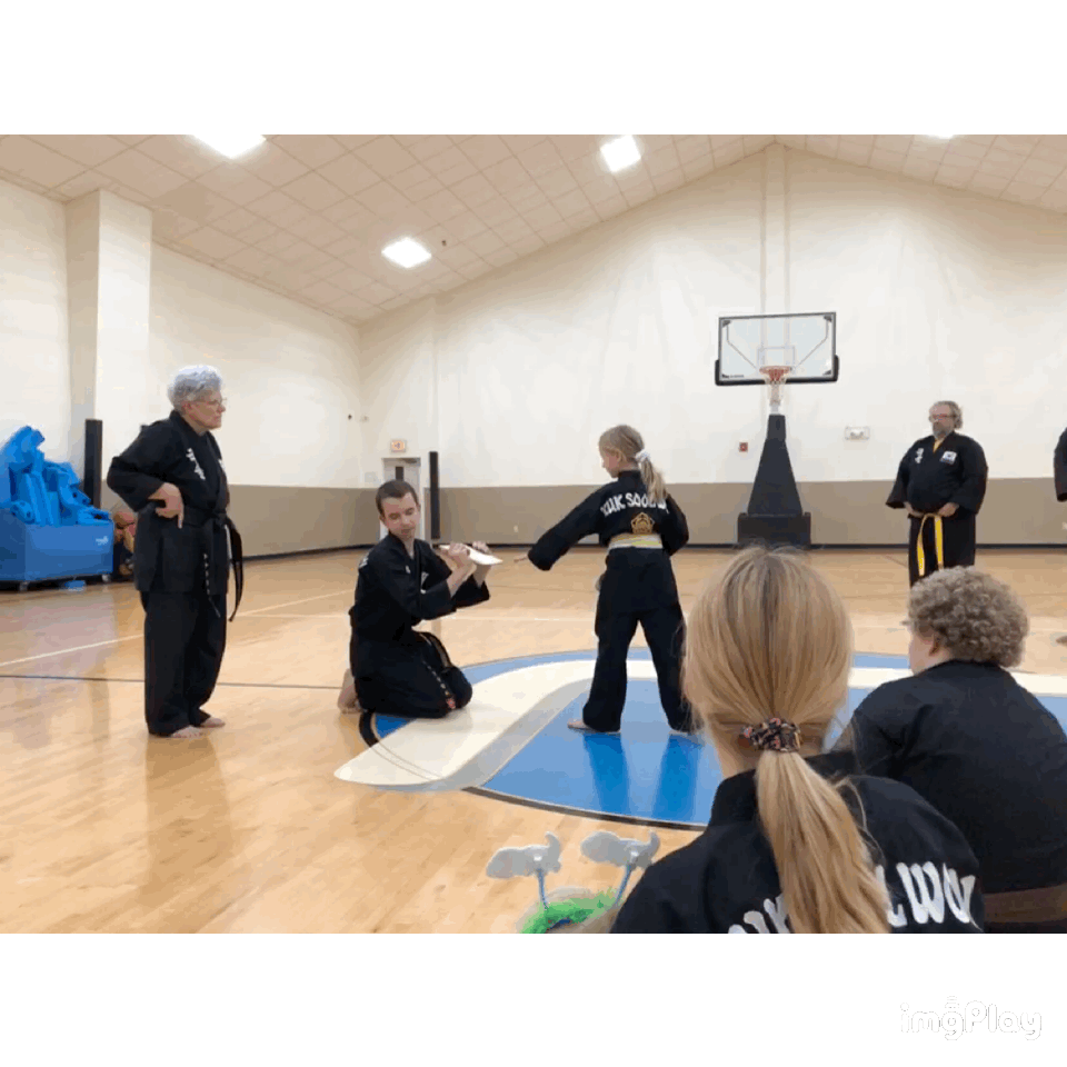 A gif of 6-year-old Sabrina Blaine breaking her first board.