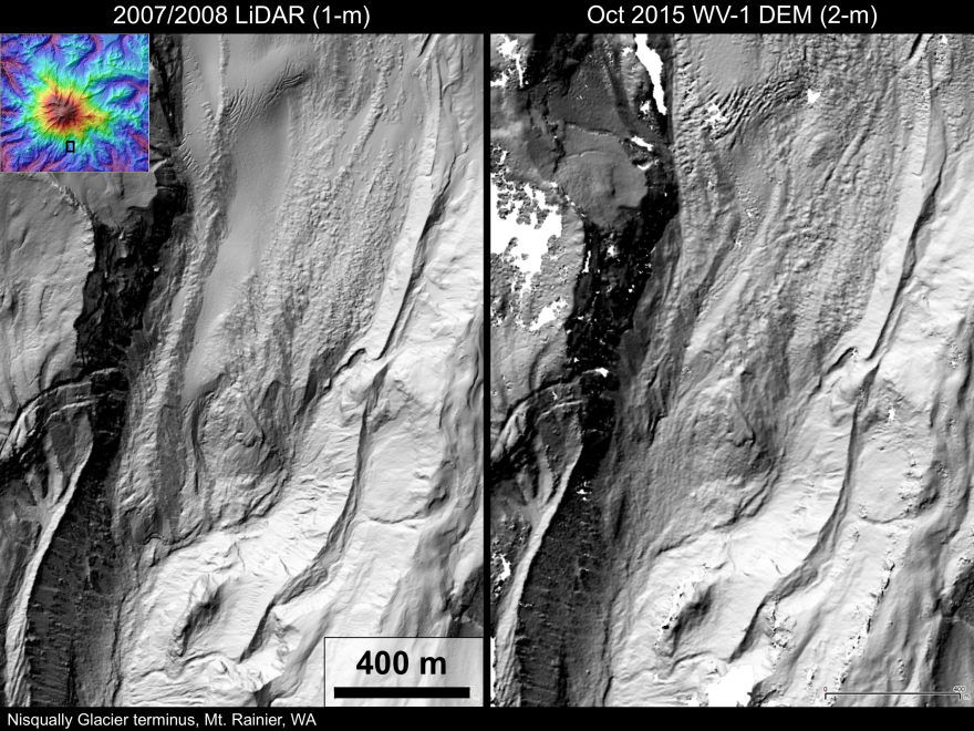 The left is costly aerial lidar data, collected in a 2007 survey, and the right is 2015 satellite data, both for the tip of Nisqually Glacier on Mount Rainier. Comparing these data shows roughly 300 meters (1,000 feet) of terminus retreat from 2007 to 201