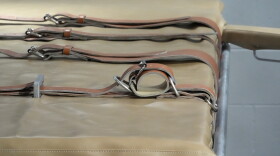 FILE — Restraints are shown on the lethal injection table in the execution chamber at the Utah State Correctional Facility after the Taberon Honie execution, Aug. 8, 2024, in Salt Lake City.