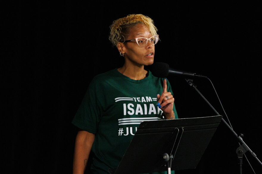 Karyn Kirby, whose son Isaiah Kirby was fatally shot by East Lansing police, speaks at a townhall meant to organize against city officials in East Lansing, Mich., on Oct. 8, 2026.