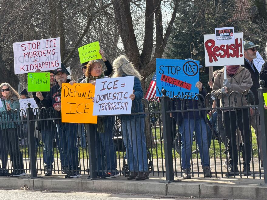 Demonstrators gathered to protest President Donald Trump and federal immigration authorities in the wake of several high-profile shootings on Saturday, Jan. 10, 2026, in downtown Chico.