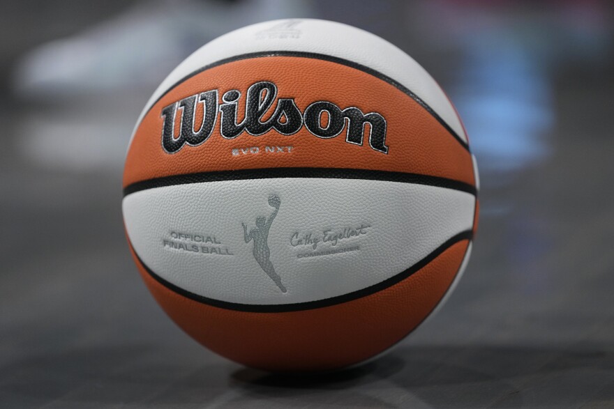 A basketball is seen on the court during the second half in Game 1 of a WNBA basketball final playoff series between the New York Liberty and the Minnesota Lynx, Thursday, Oct. 10, 2024, in New York. (AP Photo/Pamela Smith)