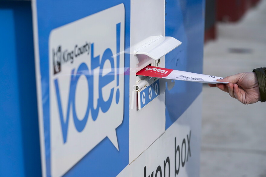 A person puts their ballot in a drop box.