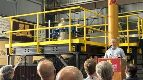Natural Resources Research Institute Taconite Chair Brett Spigarelli speaks at the direct reduced iron simulator launch on July 27, 2026, in Coleraine.