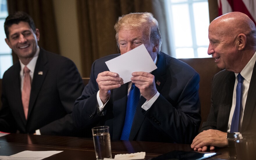 President Trump holds a sample of the Republicans' proposed postcard-size tax return.