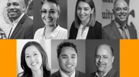 Members of the San Francisco School Board as of January 2021. From top right in clockwise order: Kevine Boggess, Alison Collins, Gabriela López, Matt Alexander, Jenny Lam, Faauuga Moliga, and Mark Sanchez.