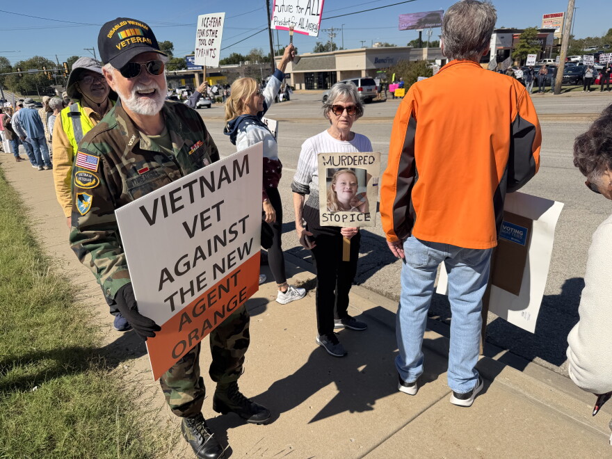 Vietnam veteran Fred Threadgill protests with others at Saturday's No Kings Protest in Tulsa.