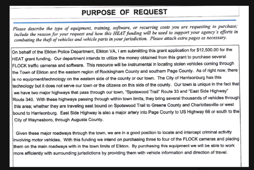 A screenshot of the Elkton Police requesting HEAT grant funding to purchase their Flock cameras.