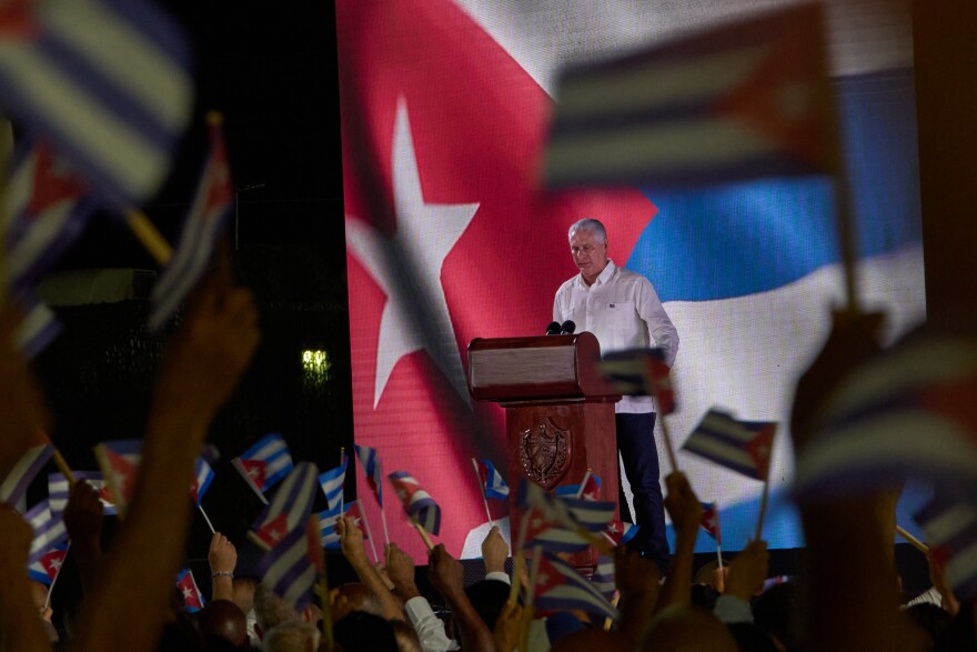 Cuban President Miguel Diaz-Canel, speaks to attendees during an event marking the 73th anniversary of the start of the Cuban Revolution in Pinar del Rio, Cuba, Sunday, July 26, 2026.