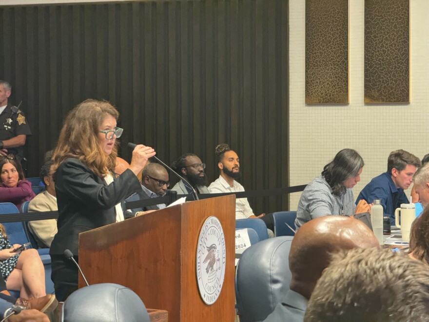 Indianapolis City Controller Sarah Riordan talks through the 2025 budget proposal following Mayor Joe Hogsett's remarks