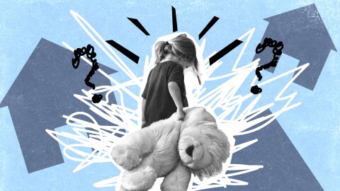 A child holding a stuffed animal surrounded by question marks and houses.