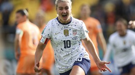 United States' Lindsey Horan celebrates her team's first US goal during the Women's World Cup Group E soccer match between the United States and the Netherlands in Wellington, New Zealand, Thursday, July 27, 2023. (AP Photo/Alysa Rubin)