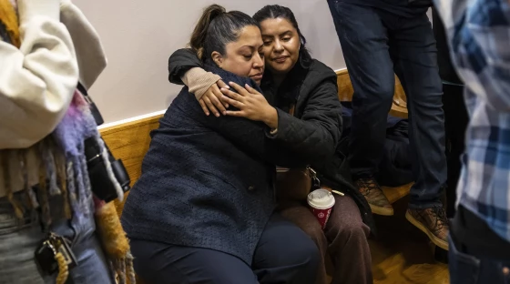 State Sen. Celina Villanueva hugs a supporter during an Illinois Coalition for Immigrant and Refugee Rights news conference Wednesday morning at Casa Michoacán on the Lower West Side.