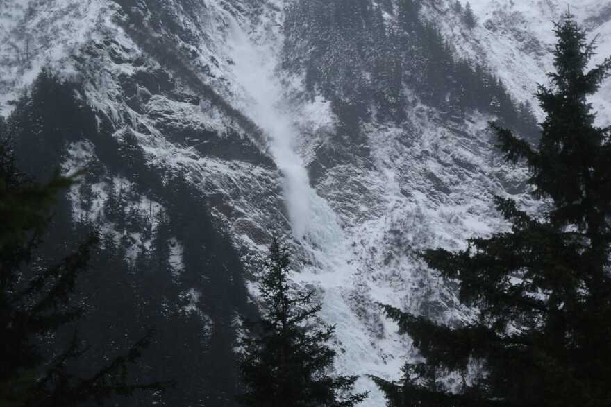 A slide coming off Mount Juneau down Chop Gully above the flume in the Basin Road area on Friday, Jan. 9, 2026.