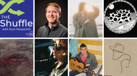 A 4x4 grid collage of 16 square images featuring album covers, artist portraits, and promotional materials related to public radio.