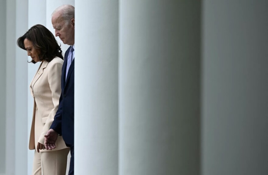 Vice President Harris and President Biden arrive at the Rose Garden of the White House on May 1, 2023.