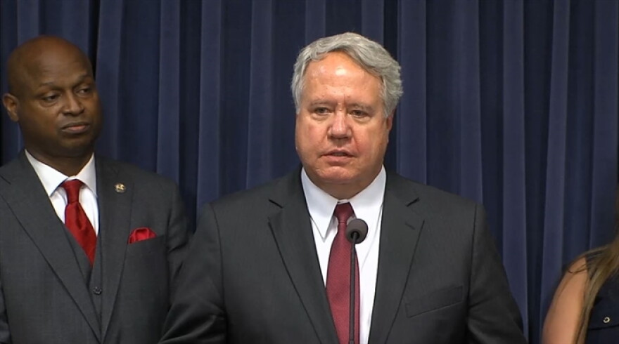 Rep. Jay Hoffman, D-Swansea, speaks at a news conference earlier this year. Behind him is Speaker Emanuel "Chris" Welch, D-Hillside. Hoffman said lawmakers are still considering their options for paying down a $4.3 billion deficit in the Unemployment Insurance Trust Fund.