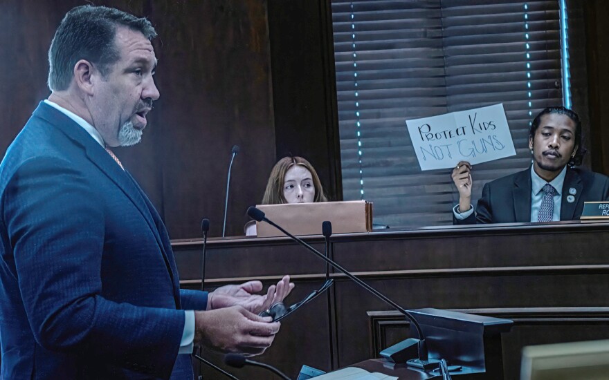 Rep. Justin Jones, D-Nashville, at right, makes a point in a House subcommittee as Rep. Jeremy Faison, R-Cosby, speaks.