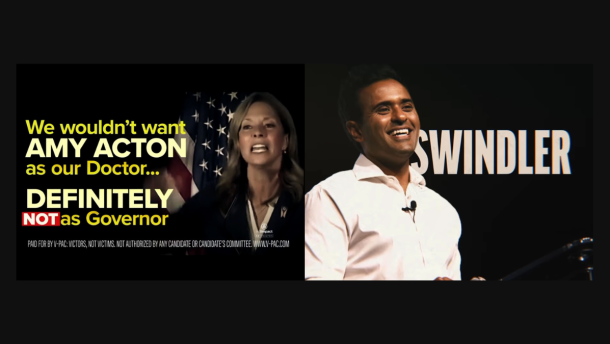 Screenshots of attack ads featuring Amy Acton and Vivek Ramaswamy.